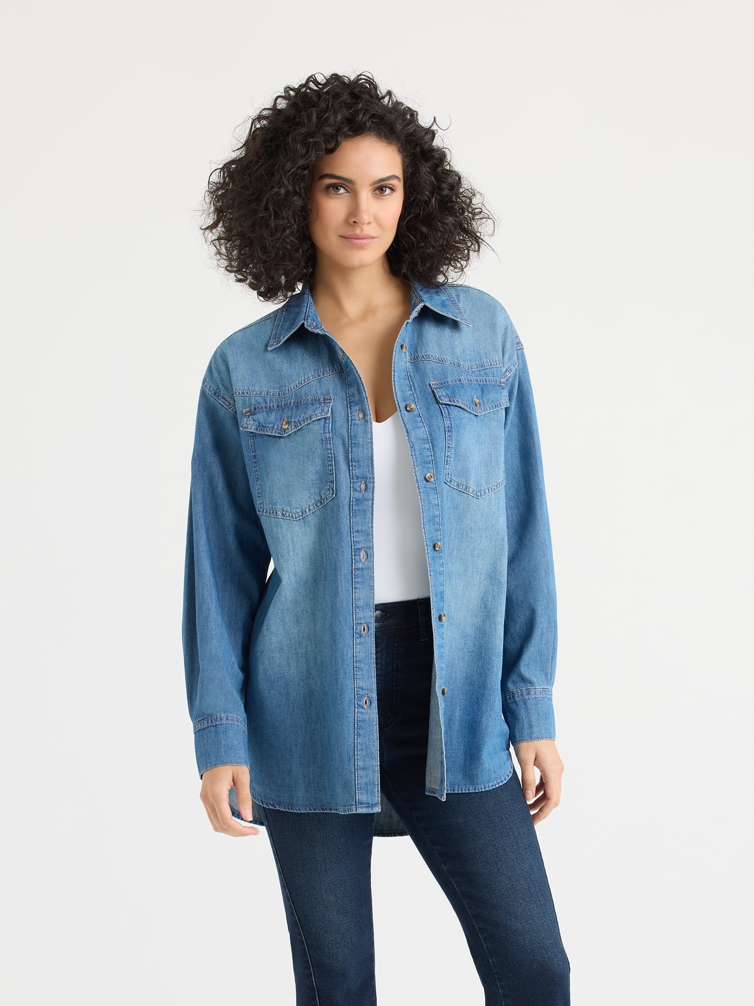 Sofia by Sofia Vergara Women's and Women's Plus Sofia Oversized Boyfriend Shirt with Long Sleeves, Sizes XS-4X
