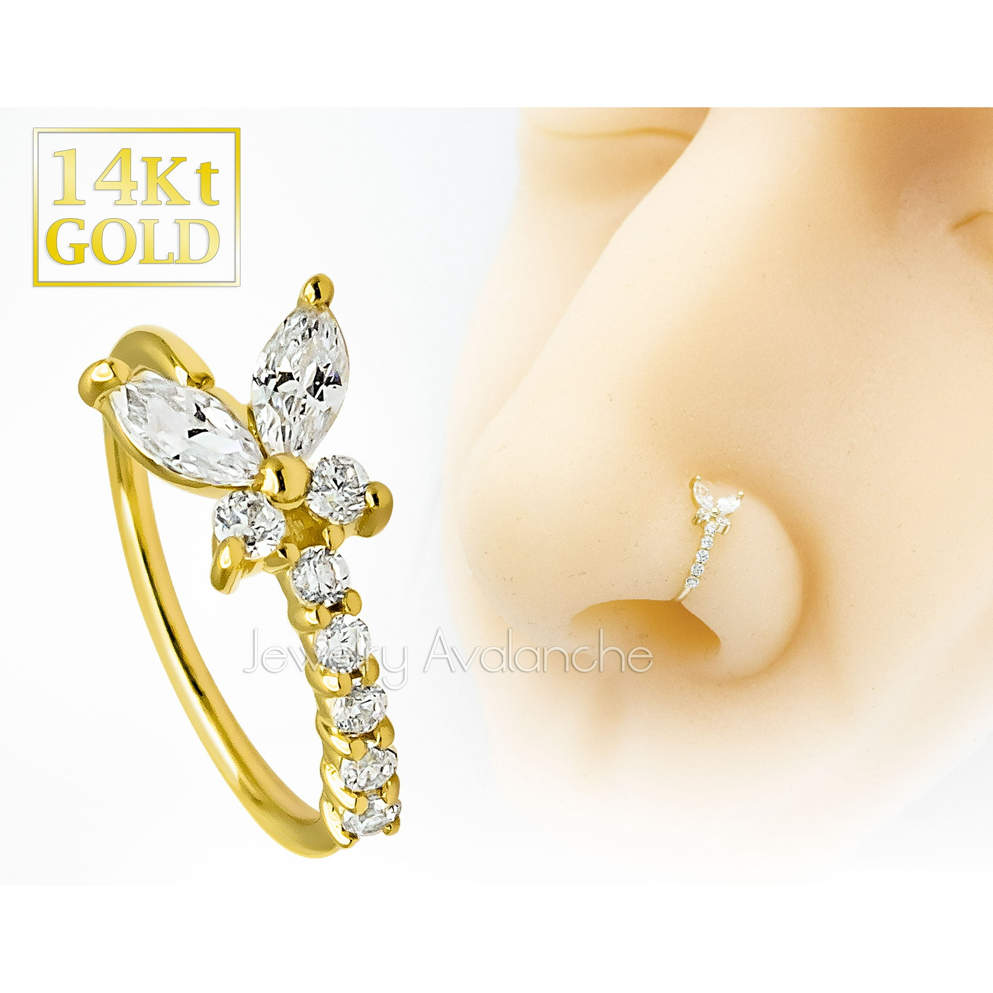 Jewelry Avalanche 14kt Yellow Gold Butterfly Nose Ring Marquise Round Cz Accented Nose Hoop Btf1yg Other