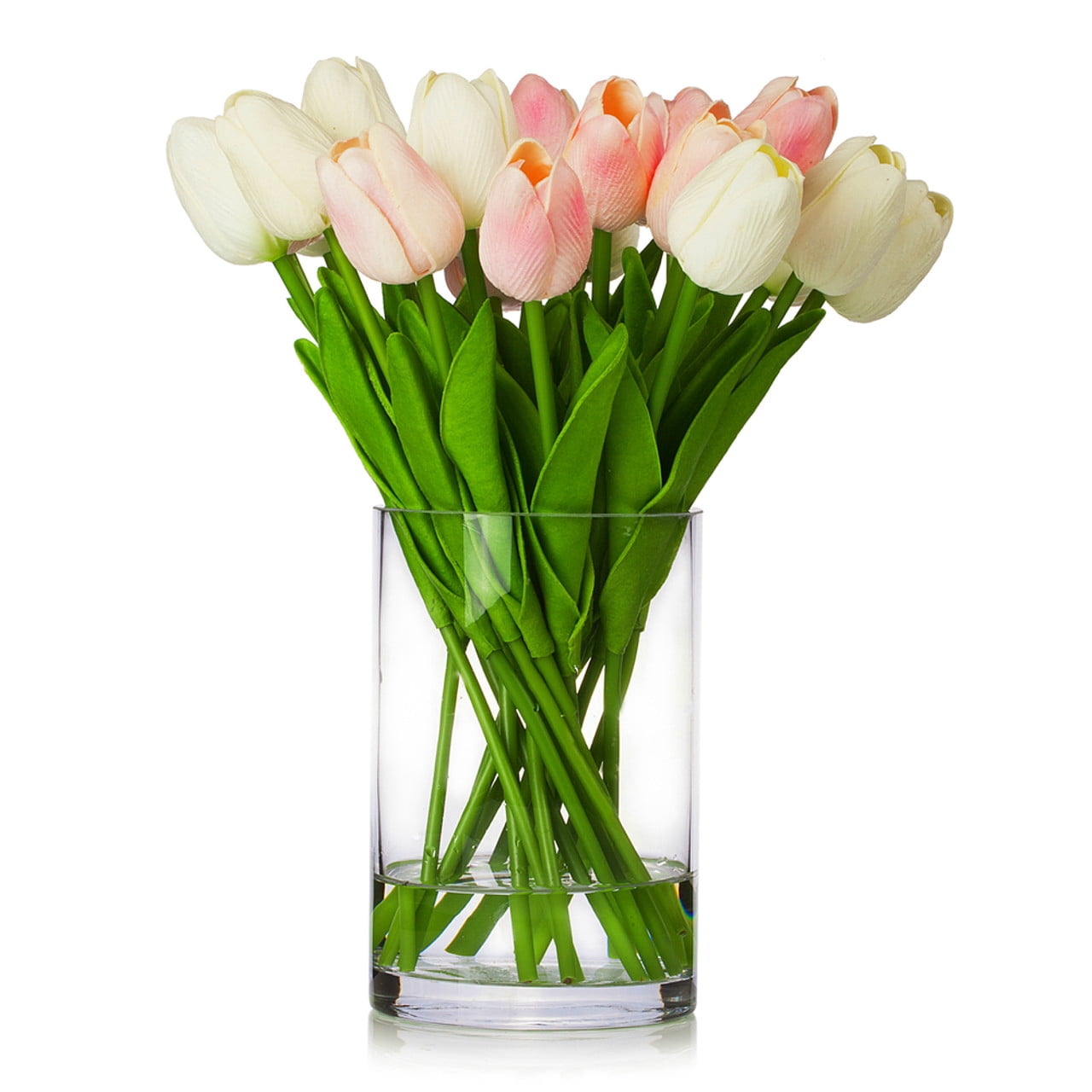 ENOVA FLORAL 20 Heads White Tulips Real Touch Artificial Flowers in Vase, Fake Tulips Flowers with Vase and Faux Water for Dining Table Decoration