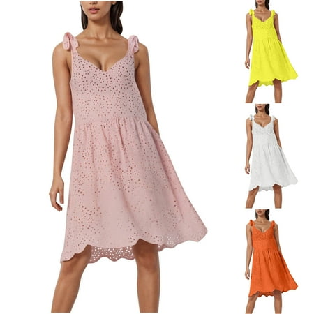 Rezuofi New Womens Dresses Clearance Women s Spaghetti Strap Eyelet Lace Babydoll Dress a Line Beach Party Short Sun Dress