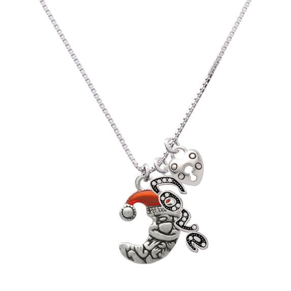 Delight Jewelry Silvertone Small Crescent Moon Santa - Love and Lock Charm Necklace, 18"+1"
