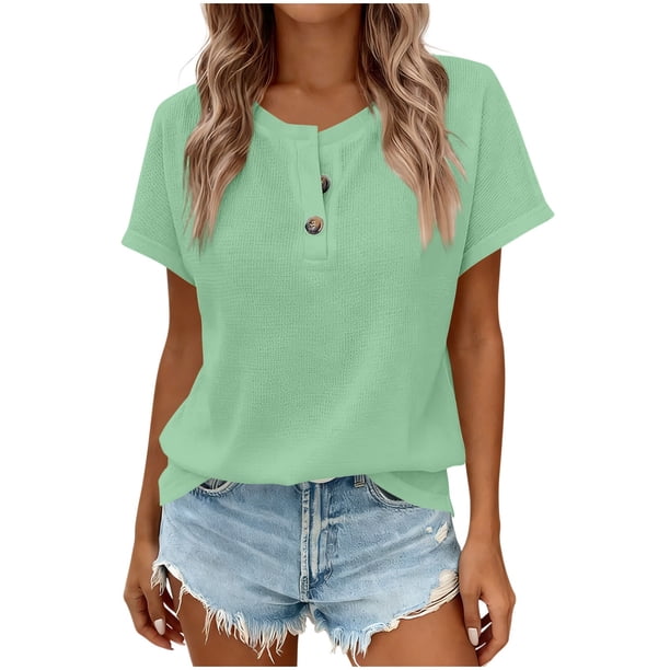 Camisas de Manga Corta para las Mujeres Casual Botón de Color Sólido Cuello Redondo Camisa de Manga Corta de Tamaño Grande Verano Camisas de Manga Corta para las Mujeres