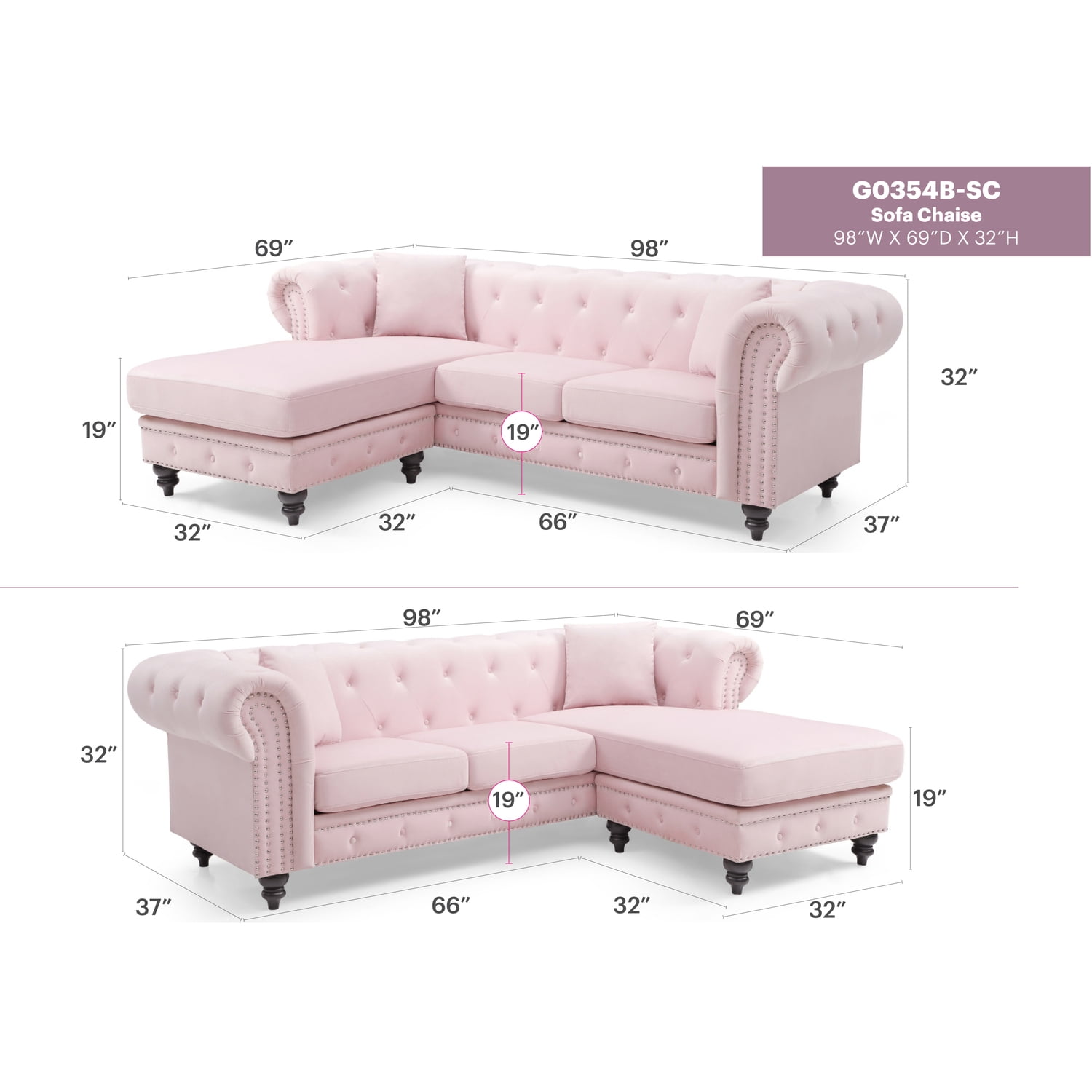 Glory Furniture Nola Velvet Sofa Chaise in Pink