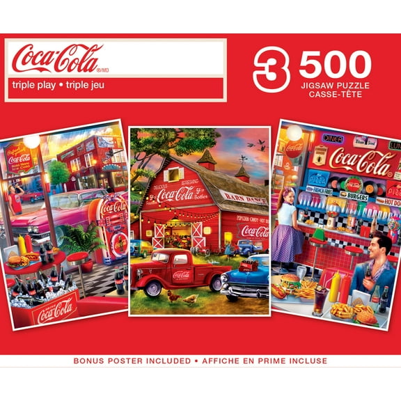 MasterPieces Coca-Cola Puzzle Bundle - 3-Pack 500 Piece Jigsaw Puzzles, Retro Diner & Barn Dance