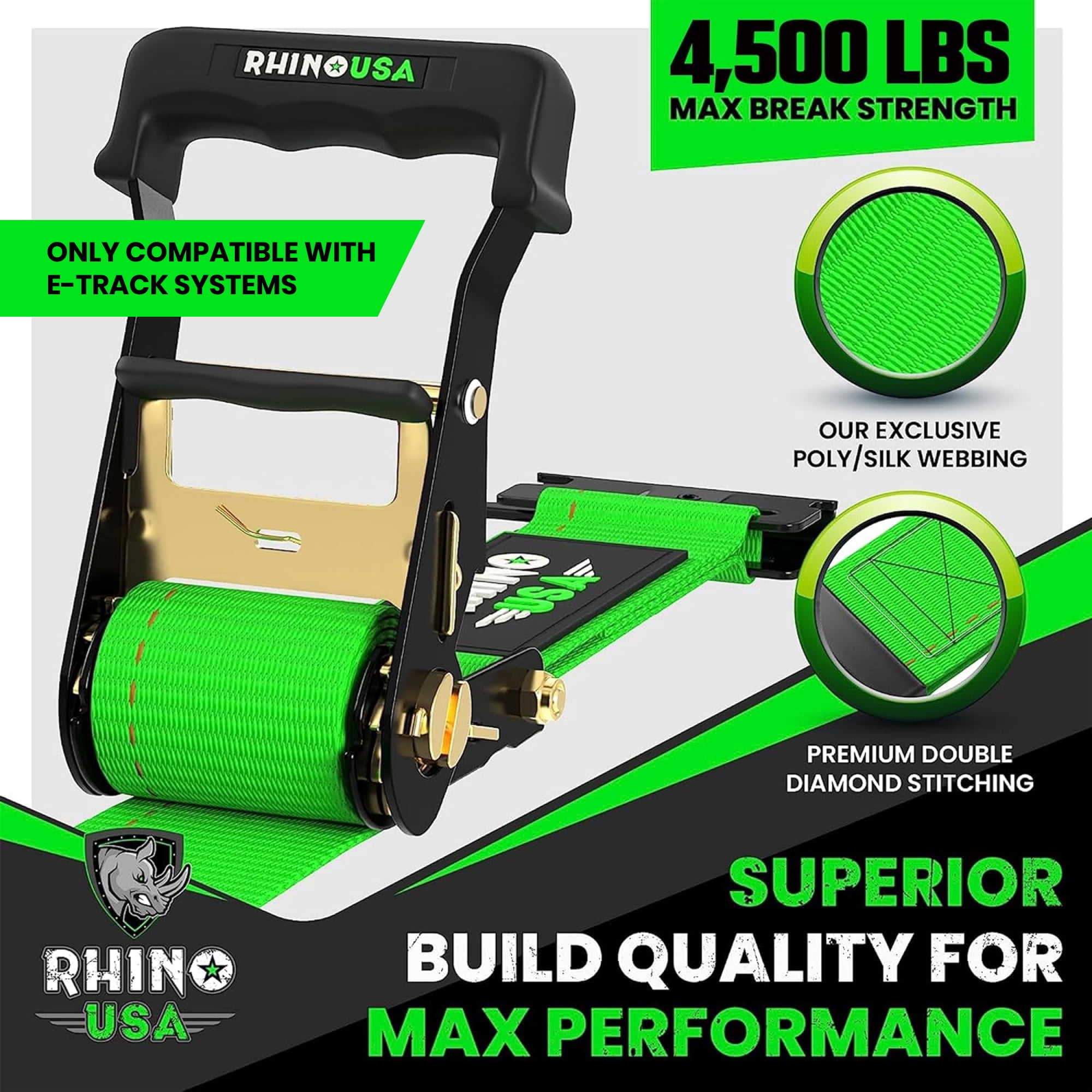 Rhino USA E Track Ratchet Tie Down Straps (4,500lb Break Strength) - w/ (2) Premium 2" x 16' eTrack Tie Down