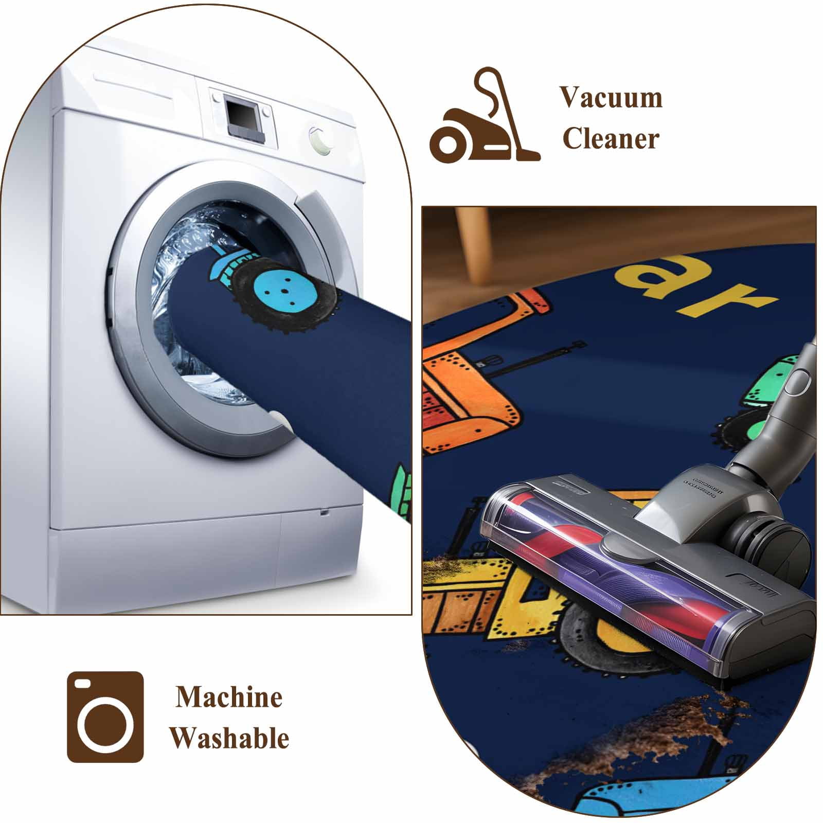 Cartoon Tractor Round Area Rug 6Ft Washable Circle Rugs for Bathroom Office, Cute Beep Car Digger Shovel Truck Navy Blue Non-Slip Carpet Floor Mats Indoor Outdoor Carpet Runner Aesthetic Home Decor