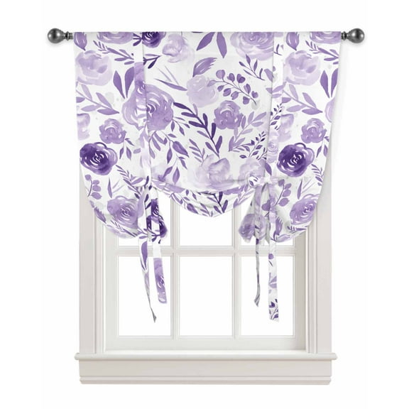 Purple Spring Floral Tie Up Curtains for Kitchen Bathroom Bedroom Windows 63 Inch Length, Watercolor Summer Botanical Balloon Drape Curtains Shade Rod Pocket Drapery Curtain Panel, 46"x63"