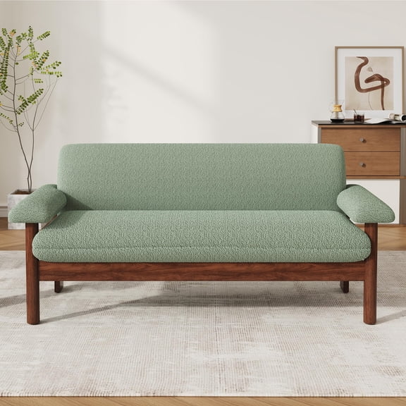 Modern 2-Seater Loveseat Sofa 72.8" with Armrest Pillows, Green Berber Fleece Couch for Living Room, Small Space, Solid Rubberwood Frame, Minimalist Style