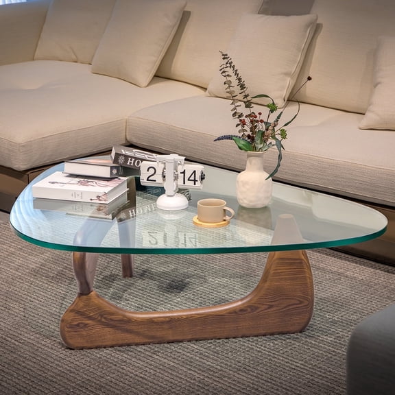 Cottinch 50" Triangle Glass Coffee Table with Wood Base for Living Room Office, Light Walnut