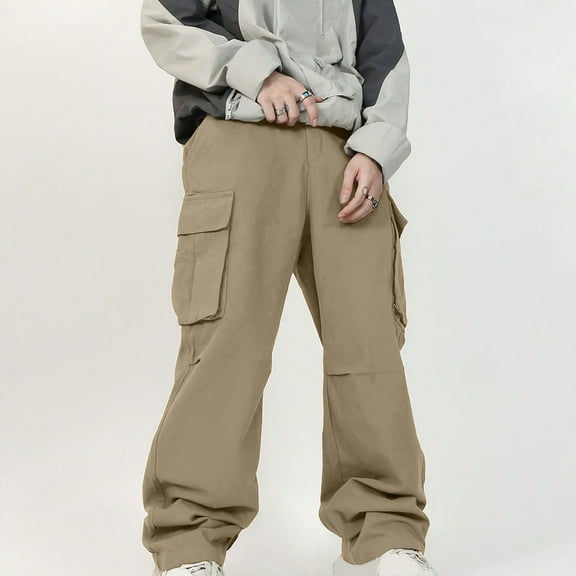 CQONEPT Men's Cargo Pants Wide Leg Casual Running Baggy Pants Fashion Outdoor Streetwear Trousers with Multi Pockets Khaki XL
