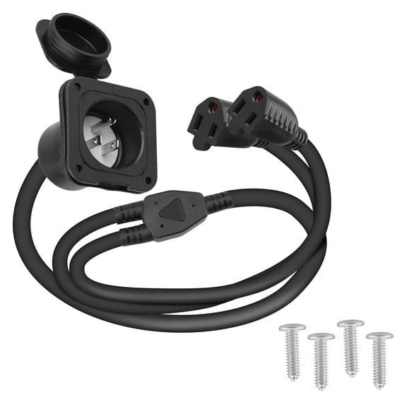 RVGUARD 15 Amp 125V AC Power Inlet Port Plug with Dual 18" Integrated Extension Cord, NEMA 5-15 RV Flanged Inlet with Waterproof Front & Back Cover