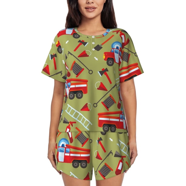 Balery Cartoon Fire Truck Conjunto de Pijama para Mujer con Estampado, Dos Piezas de Manga Corta y Shorts, Ropa de Dormir Suave con Cuello Redondo y Bolsillos-4X-Large
