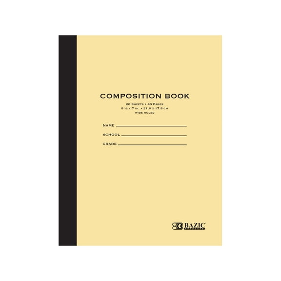 BAZIC Composition Book Wide Ruled 20 Sheet Manila Cover Notebook 8.5"x7", 1-Pack