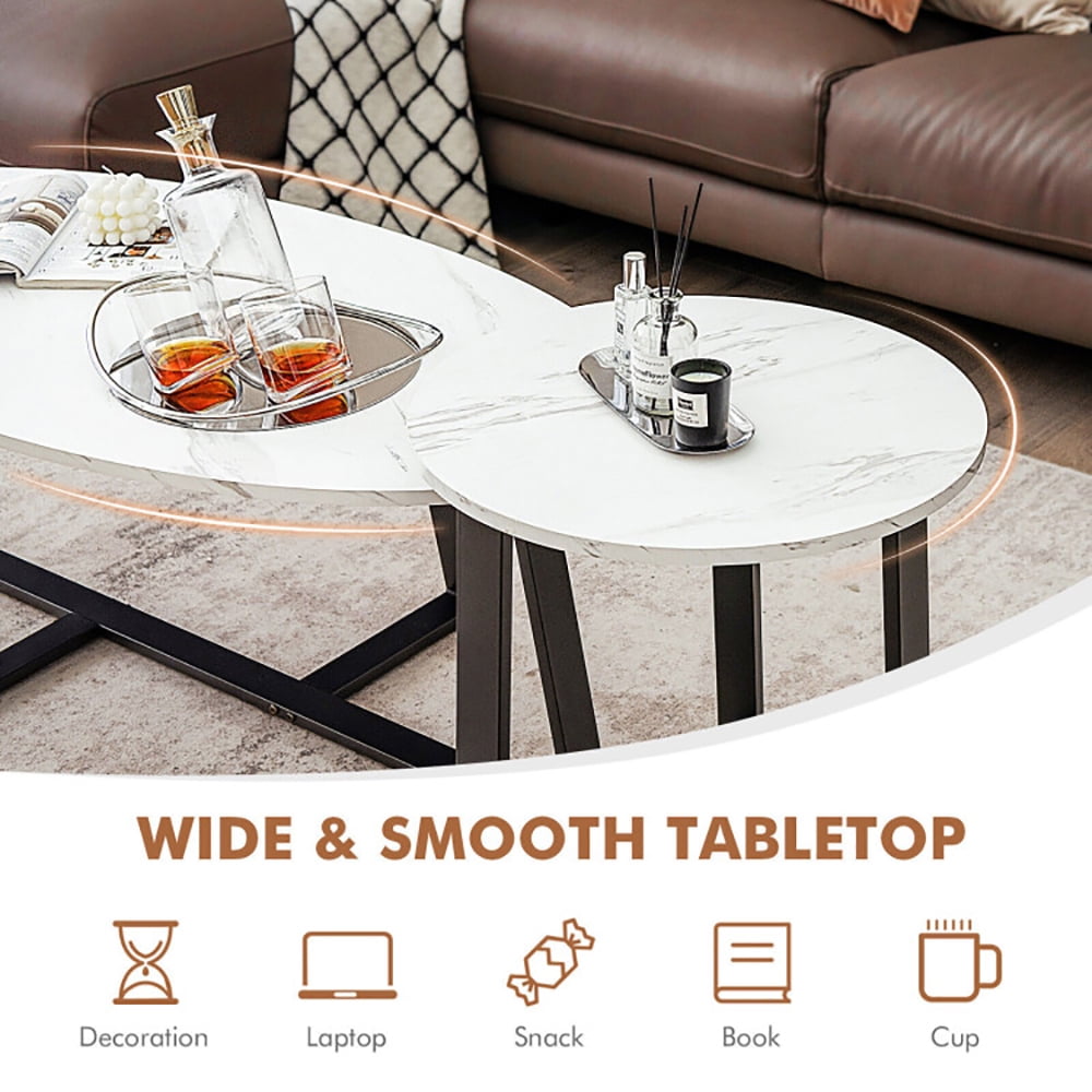 Finihen Coffee Table, Nesting Coffee Table, Set of 2 Modern Faux Marble Nesting Coffee Table Set with Oval and Round Table, for Living Room, Reception Room, White Finihen Coffee Table, Nesting Coffee Table, Set of 2 Modern Faux Marble Nesting Coffee Table Set with Oval and Round Table, for Living Room, Reception Room, White