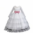 thumbnail image 5 of Girls Maxi Gown Lace Long Sleeve Cinched Bow Belted A-Line Dress Tween Elegant Fluffy Mesh Tiered Layered Evening Dresses White 7-8 Years, 5 of 7