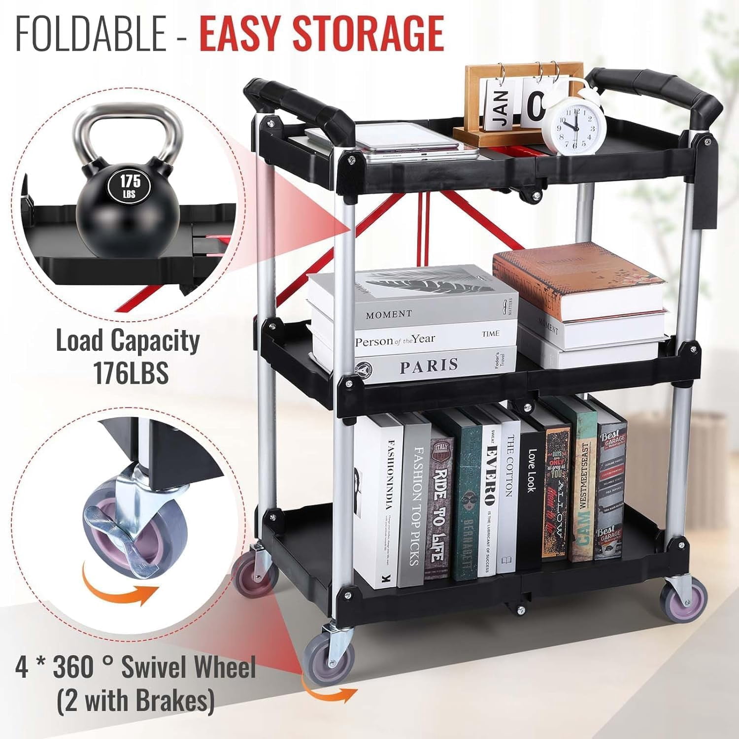 Folding Service Cart Heavy Duty 176 LBS w/ 360° Swivel Wheels Ergonomic Red Handle Foldable Utility Cart for Office Garage Home Kitchen Storage Collapsible Tool Cart