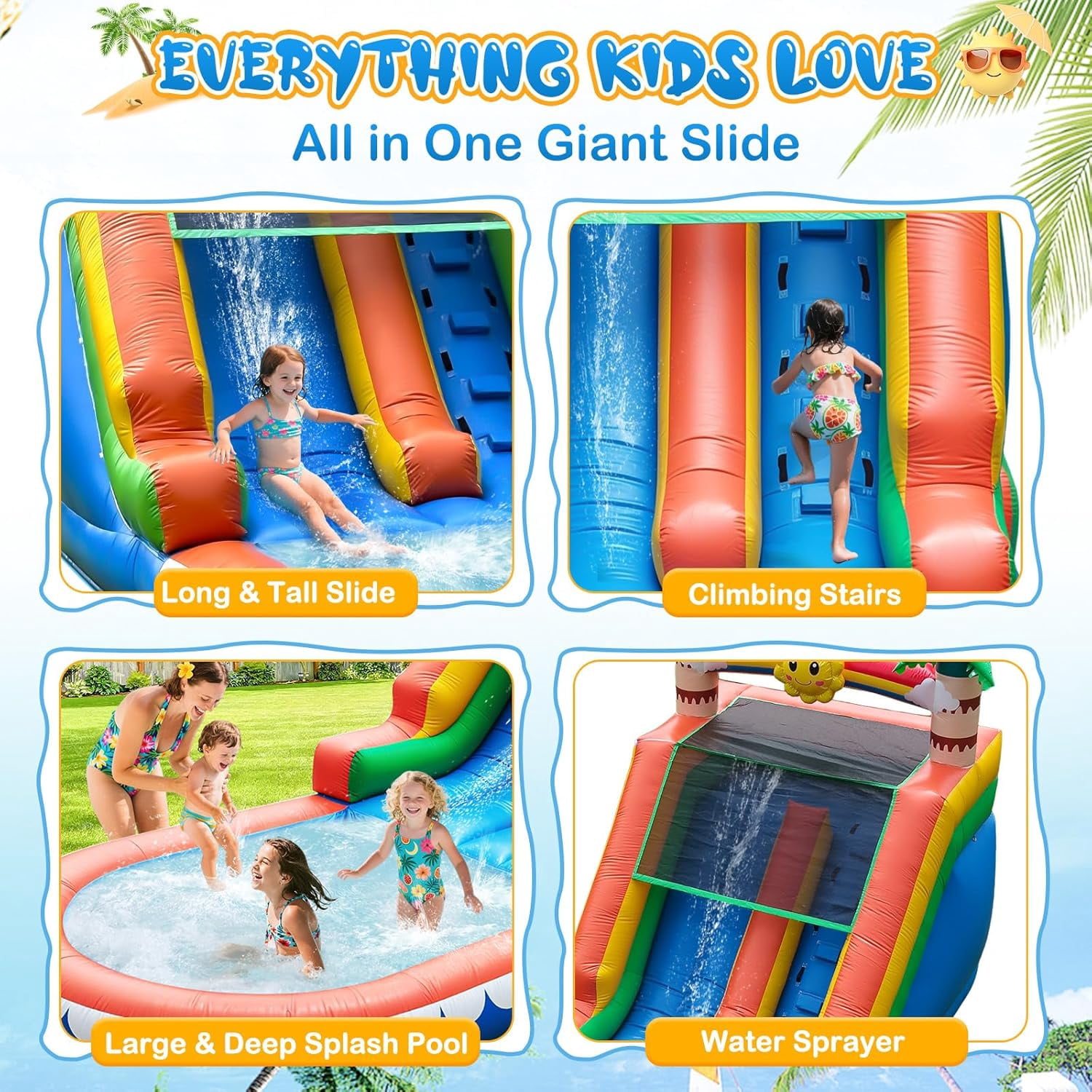 COCOFISH Outdoor Water Park: 21FT Tropical Inflatable Slide with Palm Tree Theme, Climbing Wall, Splash Pool & 950W Blower for Backyard Fun