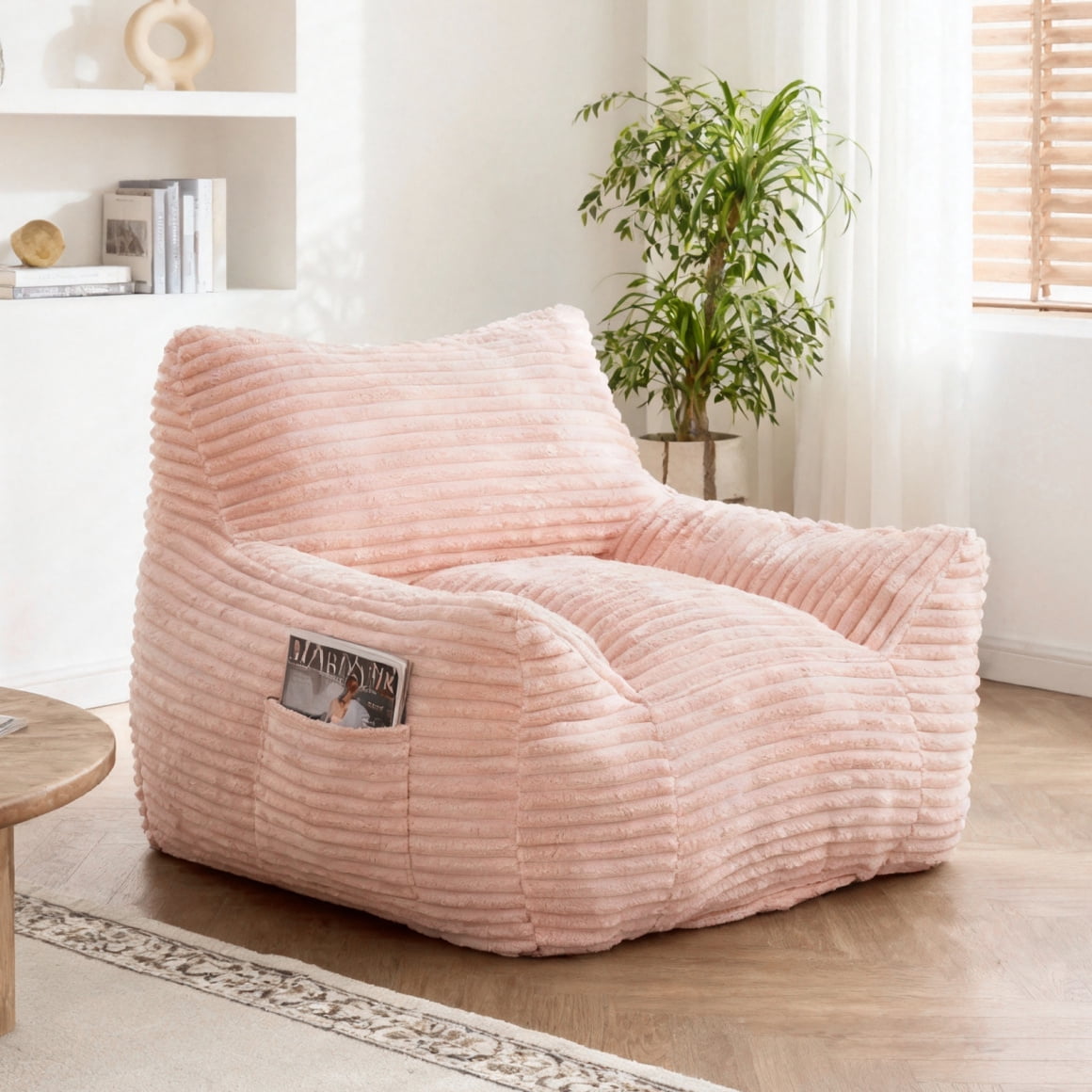 Bean Bag Chairs, Memory Foam Bean Bag Chairs for Adults, Living Room Lazy Sofa with Side Pocket for Bedroom & Dorm, Pink