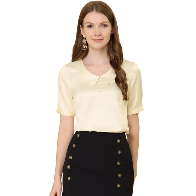 Blusa de Satén de Manga Corta con Decoración de Botones y Cuello Vuelto Allegra K para Mujer Beige M