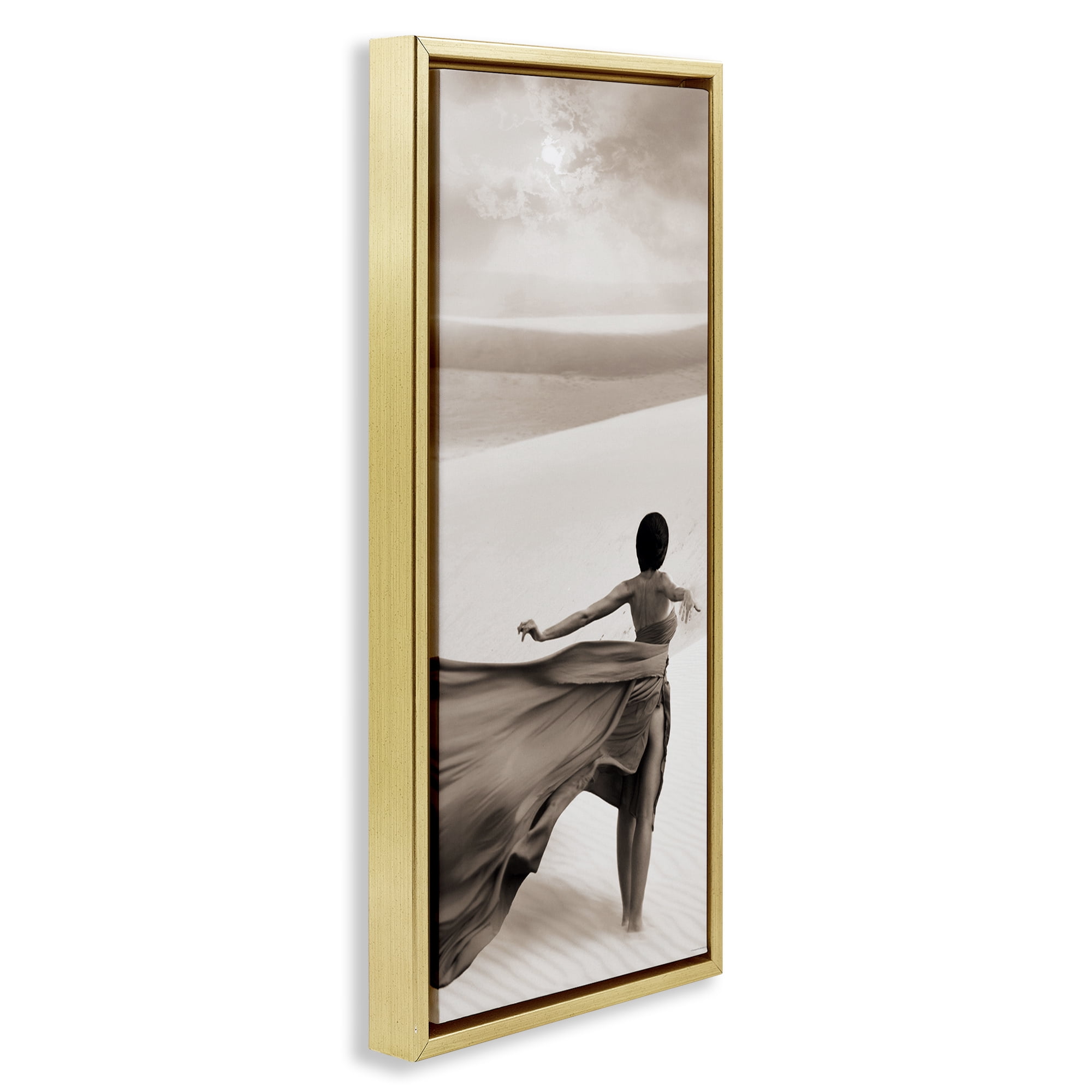 Stupell Industries Billowing Dress in Desert People Painting Gold Floater Framed Canvas Art Print Wall Art, 14 x 31
