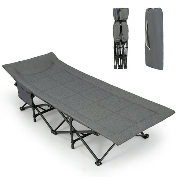 Gymax Folding Camping Cot Portable Tent Sleeping Bed with Cushion Headrest Carry Bag Grey