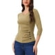 thumbnail image 4 of Blusa arrugada para mujer INSPIRE CHIC con decoración de botones, cuello en V, manga 3/4, top de punto sólido, color L Tan, 4 of 6