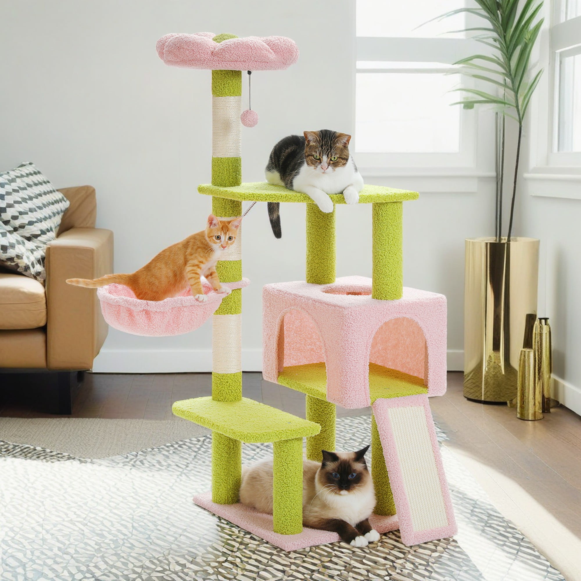 Kadyn 47" Flower Cat Tree Tower for Indoor Cats, Cat Condo with Pink Top Perch for Kittens, Cat Tree House with Sisal Scratching Posts, Pink