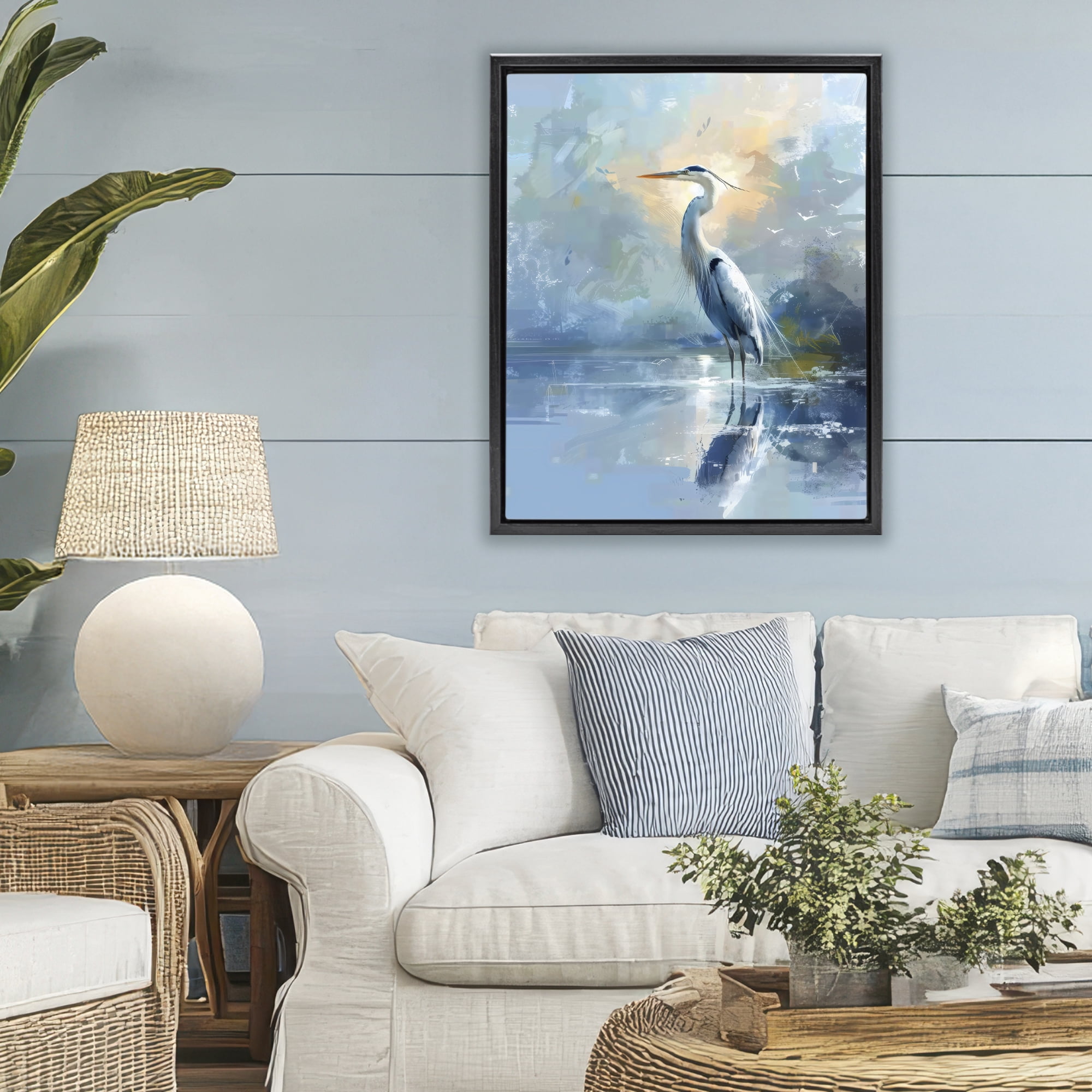 Stupell Industries Tranquil Heron with Dawn Glow Black Framed Floater Canvas Wall Art, design by Creative Studio