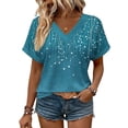 thumbnail image 5 of Inverlee Summer Going Out Shirts for Women Sparkle Print V Neck Short Sleeve Elegant Teal Drop Pattern Trendy Everyday Lightweight Comfy Blouses Light Blue L, 5 of 7