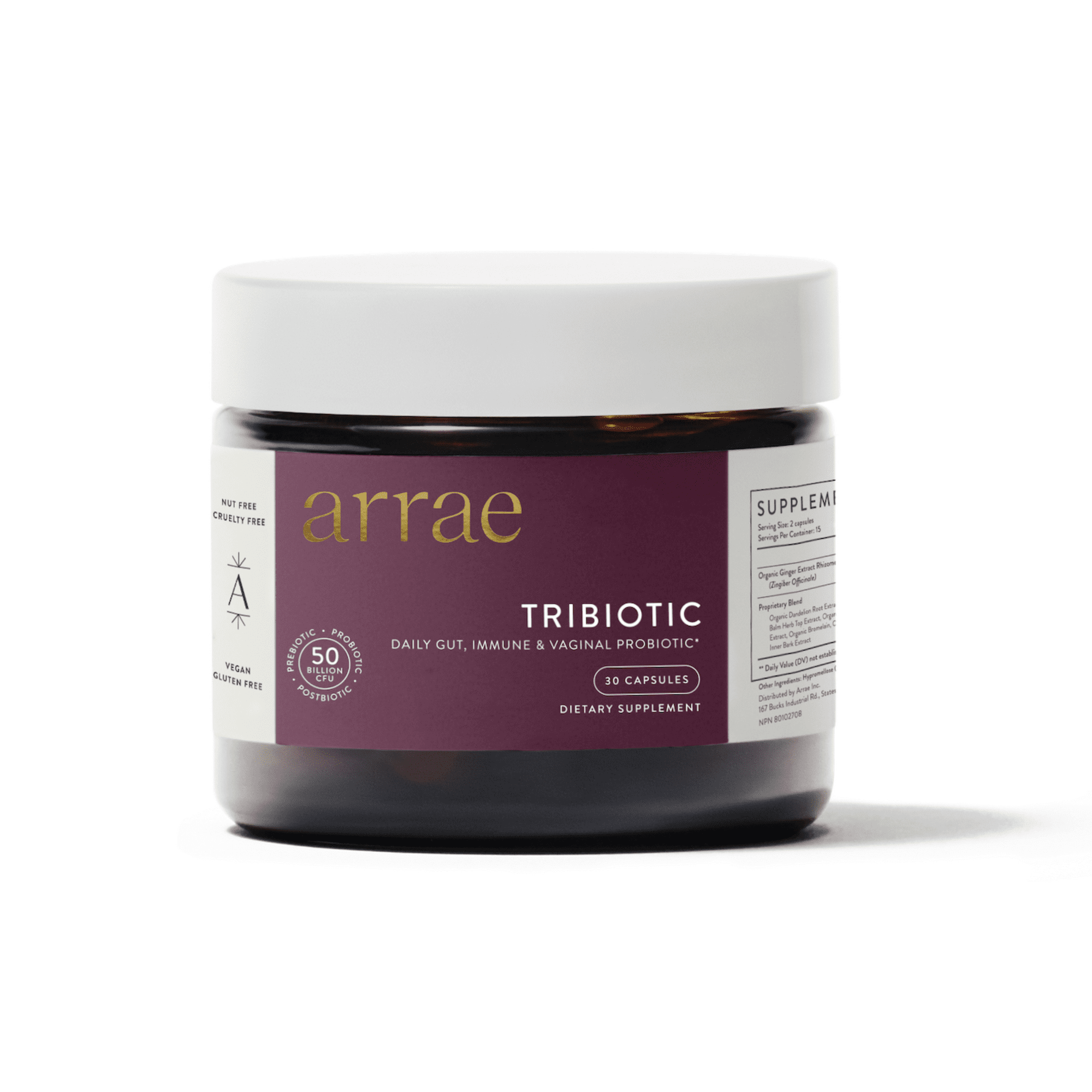 Arrae Tribiotic 30 Capsules - Women's Pre, Pro, & Postbiotics, Support for Vaginal pH Balance, Gut, Immune, and Feminine Health