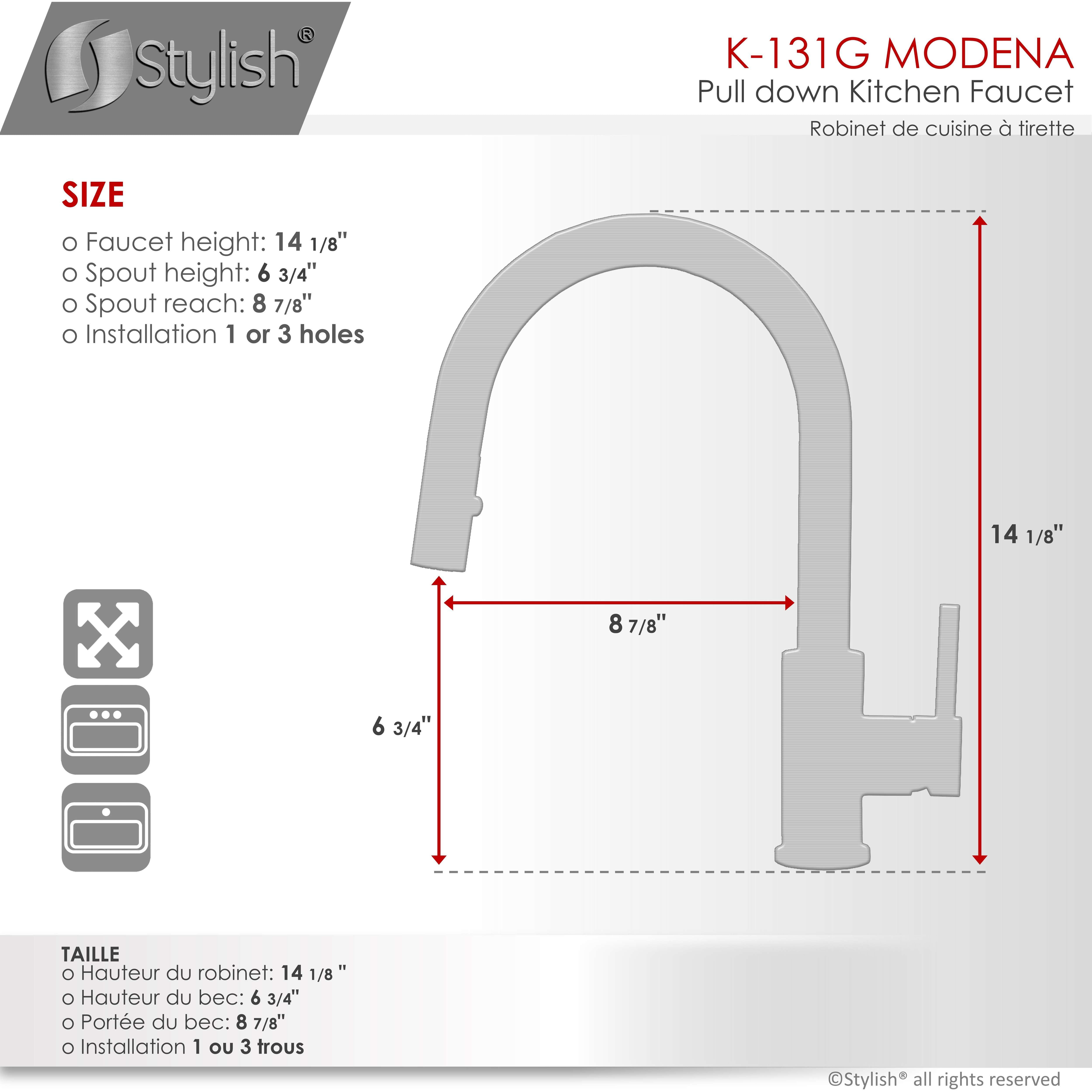 Stylish Modena Ht 14" Brushed Gold Single Handle Pull Down Kitchen Faucet K-131G