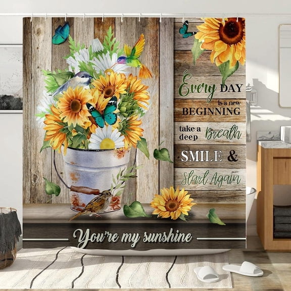 Inspirational Sunflower Shower Curtain, Rustic Country Farm Floral Spring Motivetional Quote Art Decor Bath Curtains, Vintage Flower Butterfly Farmhouse Bathroom Set Decor with Hooks