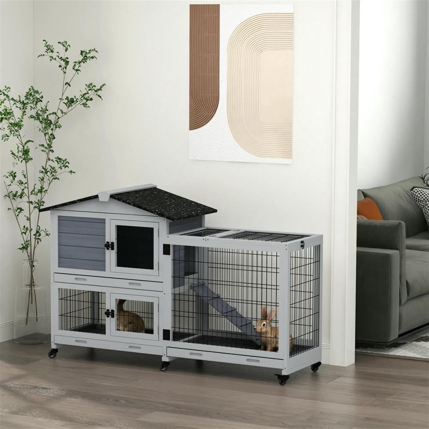 Kadyn 62" 2-tier Wooden Rabbit Hutch with Wheels and Slide-out Tray, Outdoor Small Animal Habitat Chicken Coop Bunny Cage for Bunnies, Guinea Pigs, Gray