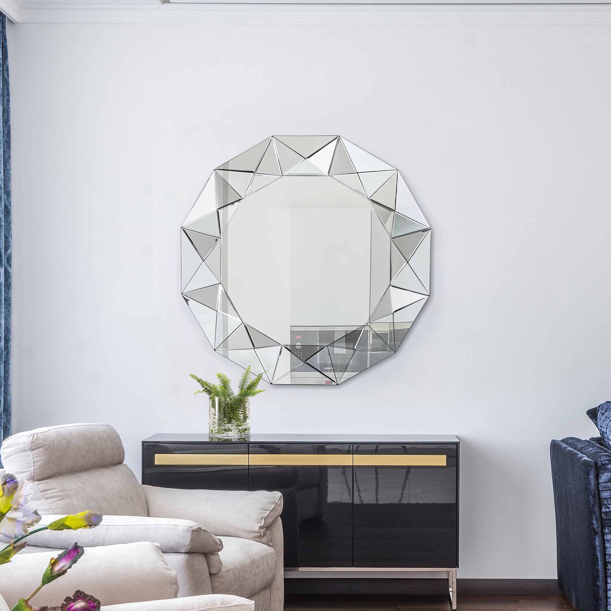 LNC 39"x39" Round Geometric Wall Mirror with Faceted Beveled Frame for Living Room or Entryway