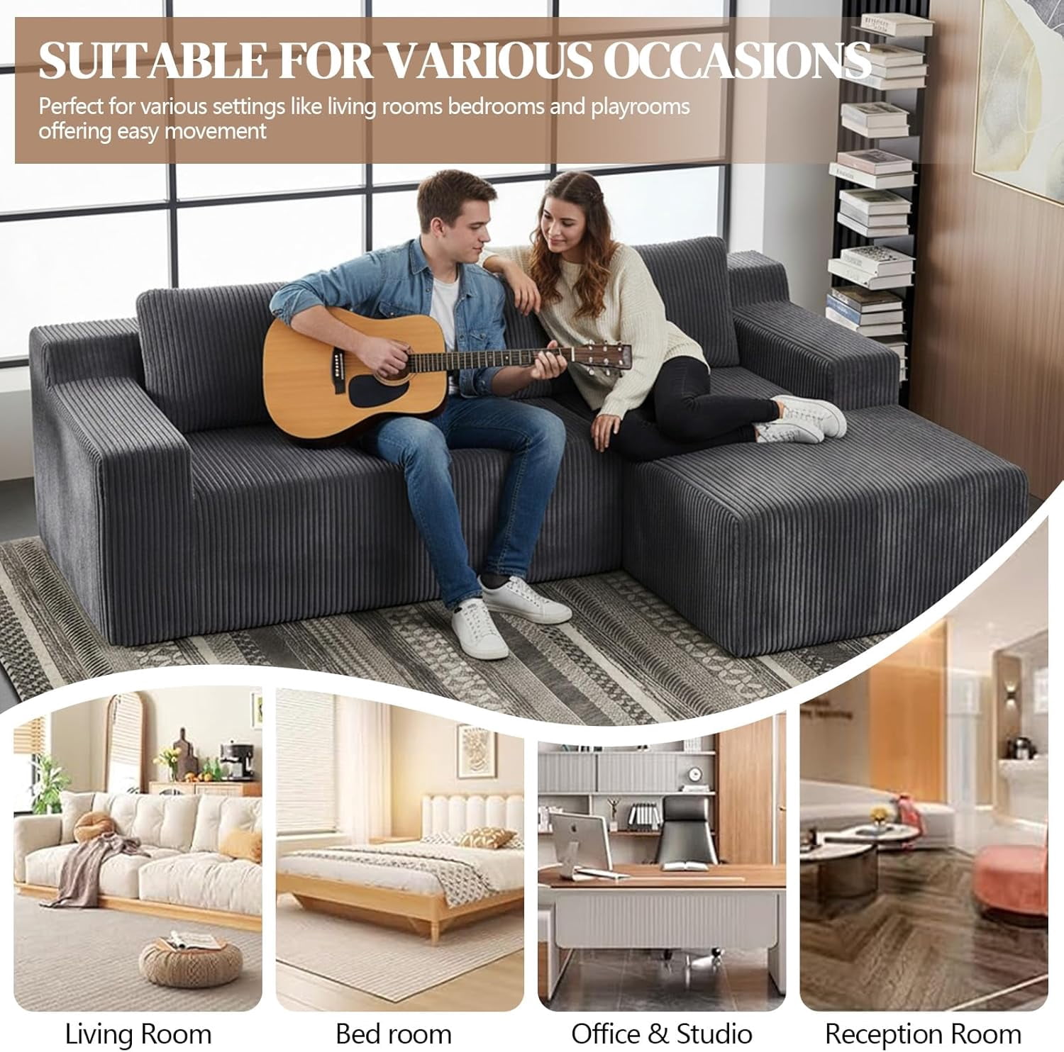 96.5" Corduroy Modular L Shaped Sectional Sofa for Living Room Bedroom, No Assembly, Grey