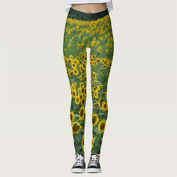 MKLEKYY Leggings deportivos para mujer, cómodos leggings con estampado de girasoles, leggings deportivos de control para yoga, leggings de cintura alta para mujer