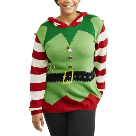Junior's Plus Hooded Elf Xmas Sweater with Bell Detail