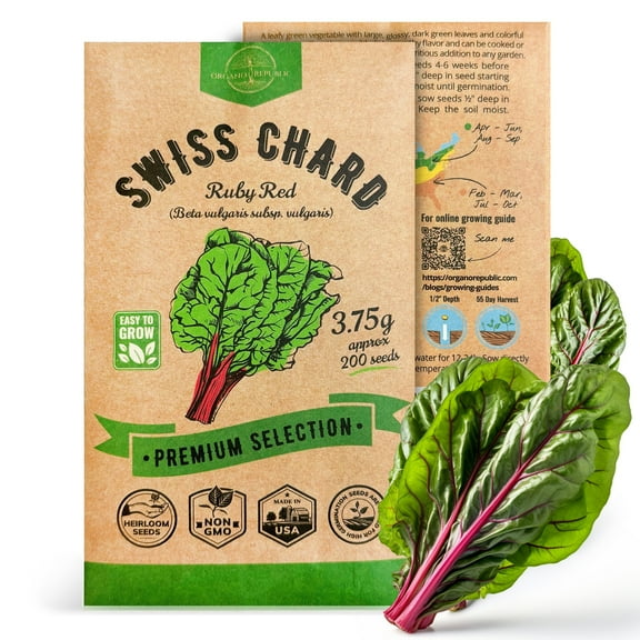 Organo Republic Swiss Chard Ruby Red Seeds, 200  Non-GMO Heirloom Seeds, 3.75g Packet for Planting Greens Indoors & Outdoors, Home Garden Leafs Greens Variety
