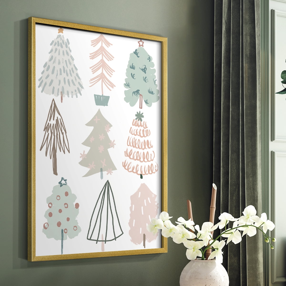 Christmas Tree Sketchbook I Framed Print in Gold Solid Wood Framed Print No Nail Hanging