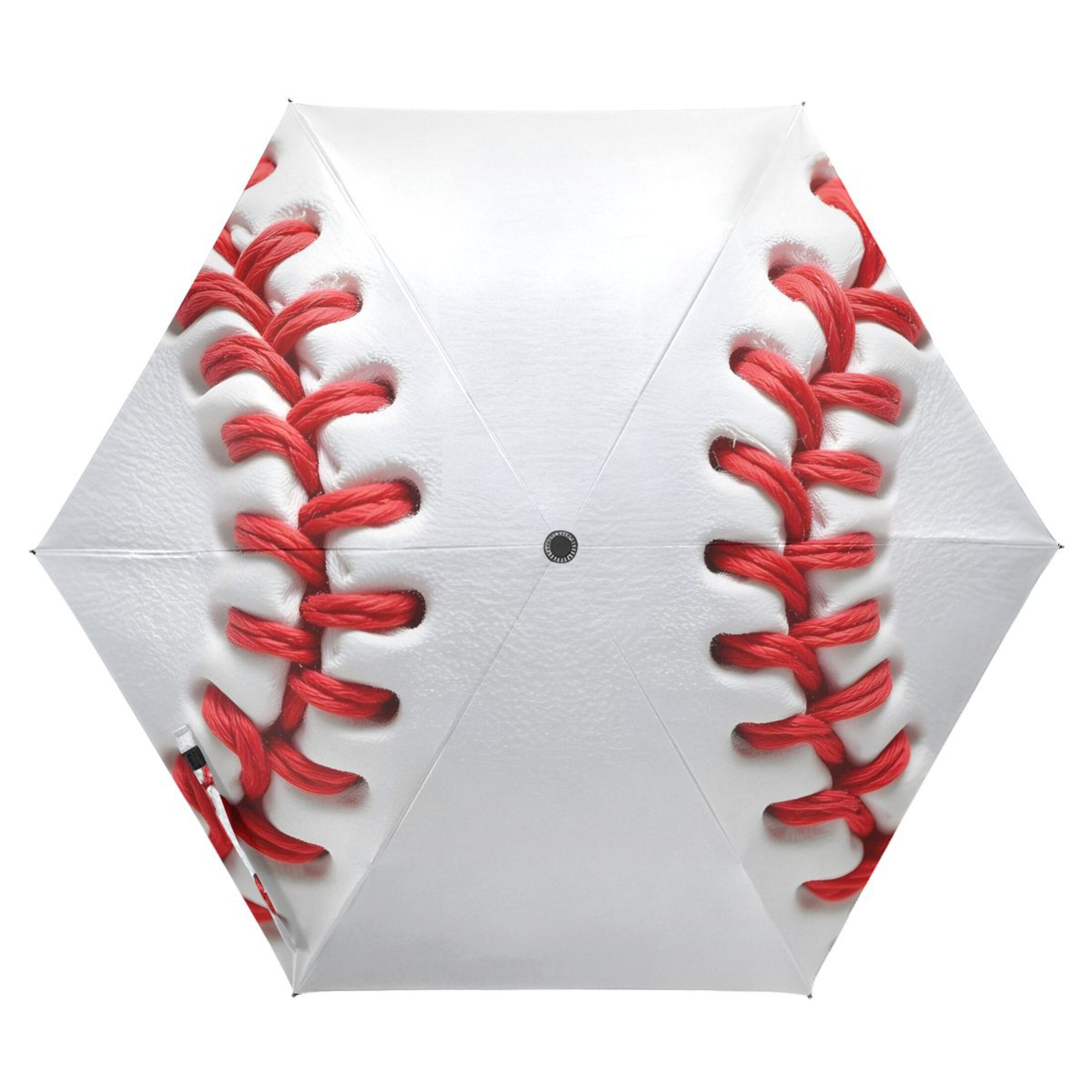 White Baseball Close Up All Weather Umbrella Triple Folding Parasol 6 Ribs UV Protection Portable