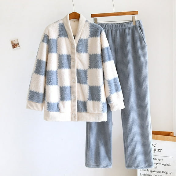 Pajamas For Women Set Flannel Hooded -Fleece Winter Soft Warm Womens Pajama Sets,Blue,L