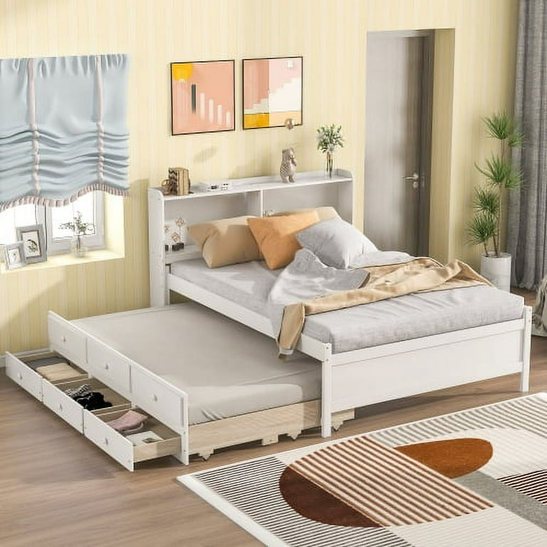 Full Bed with Storage Drawers and Trundle Wooden Full Size Platform Bed with Bookcase Headboard Full Storage Bed and Trundle Bed Captains Bed Frame