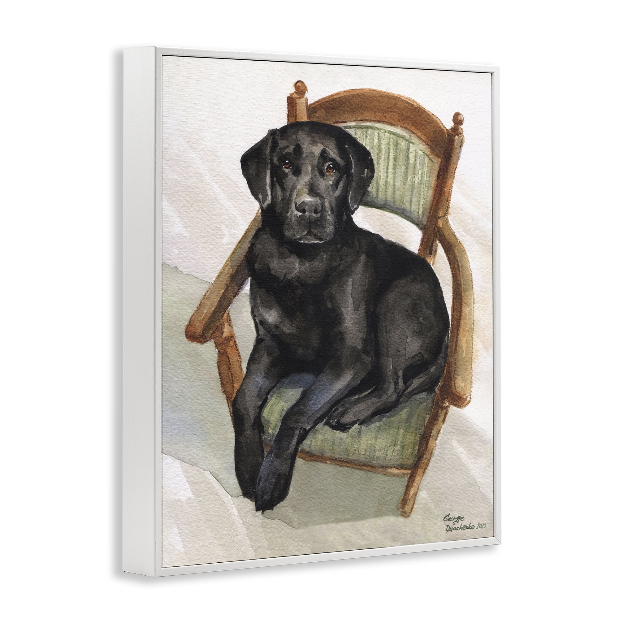 Stupell Industries Black Labrador On Chair White Framed Giclee Art, design by George Dyachenko