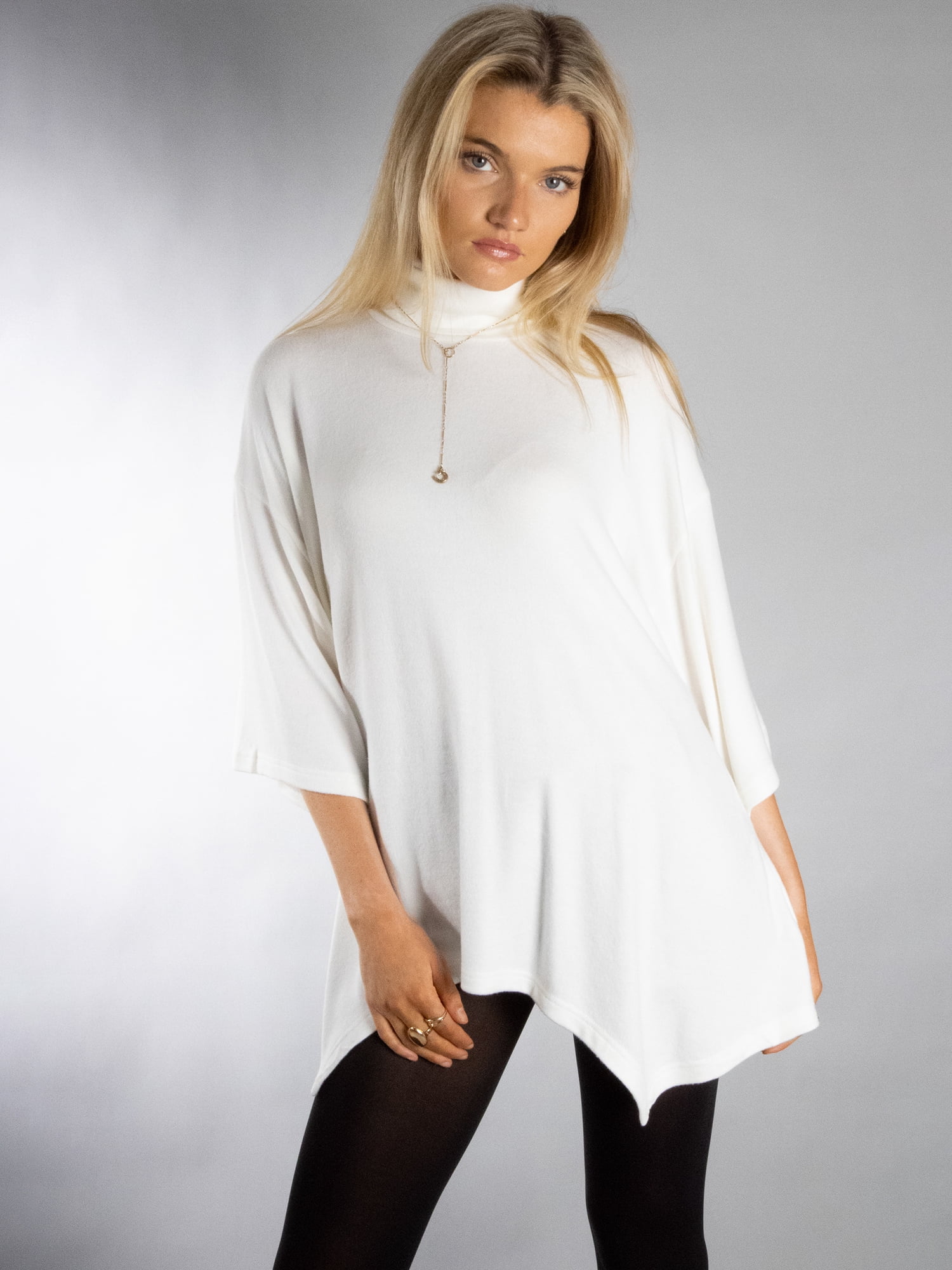 DARING DIVA Women's Stylish Turtleneck Drop Sleeve Sweater M White