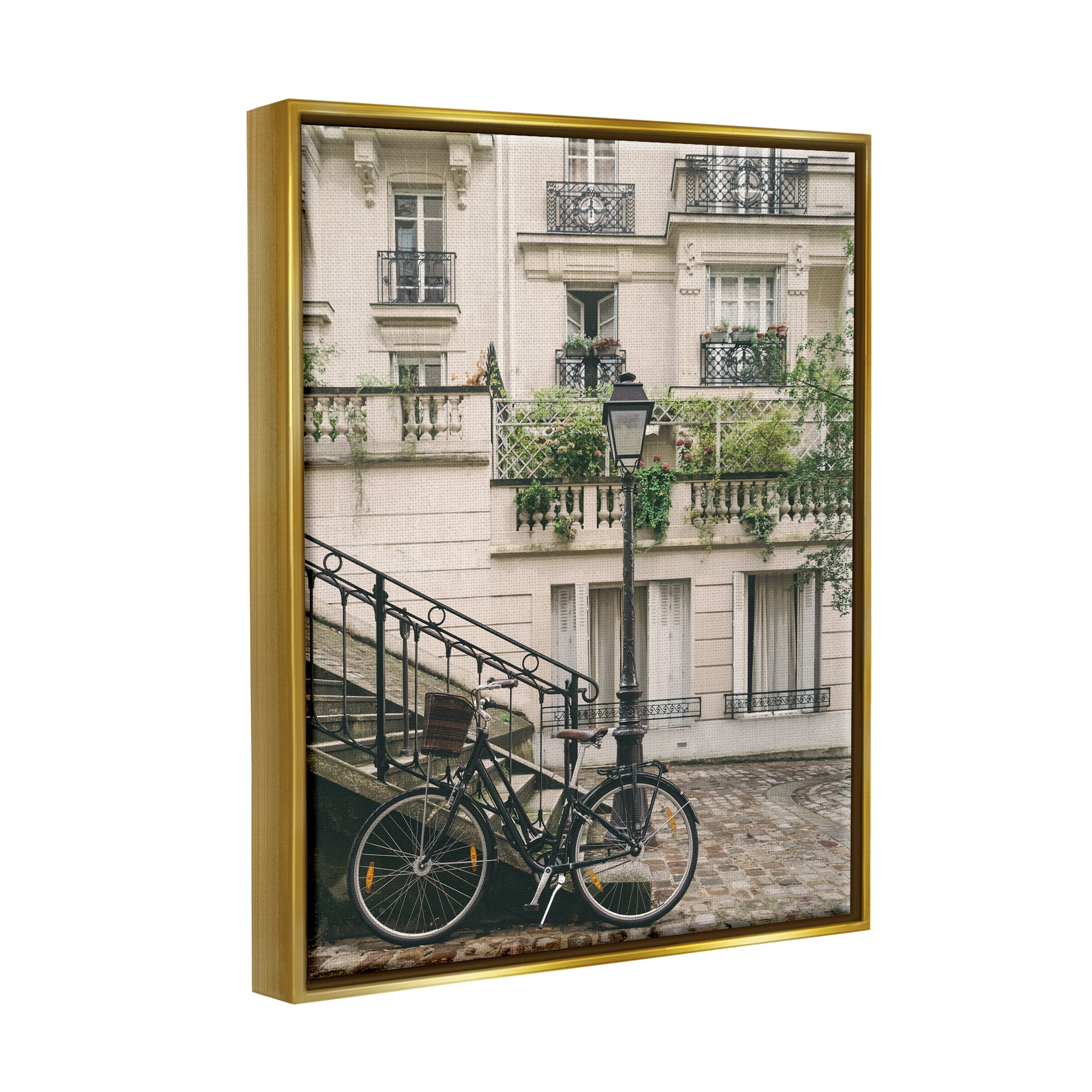 Stupell Industries Bike in Town Photography Travel & Places Photography Gold Floater Framed Art Print Wall Art, 17 x 21