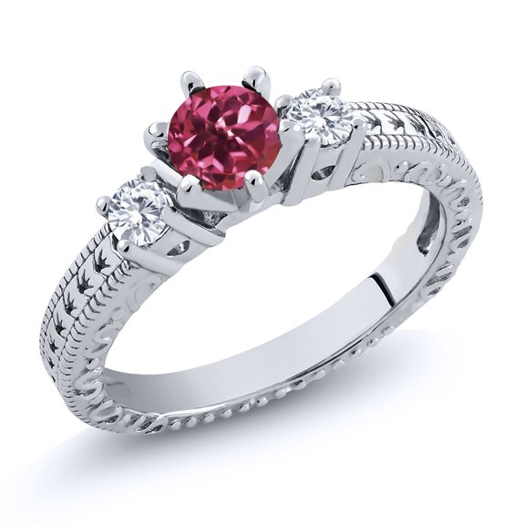 Gem Stone King 0.72 Ct Round Pink Tourmaline E-F Lab Grown Diamond 925 Sterling Silver Ring (Size 5)