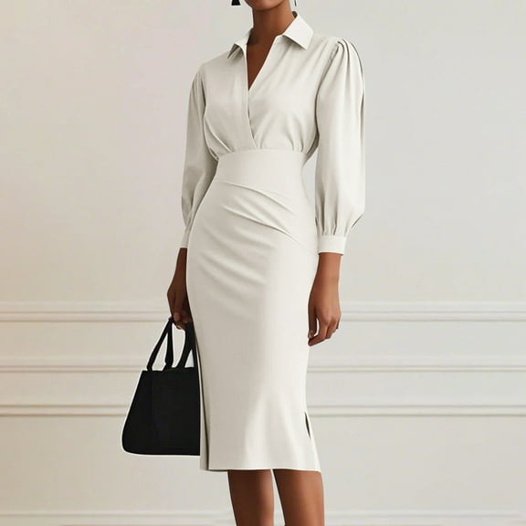Taylonsss Womens Dress Long Sleeve Lapel Collar Slim Fit Solid Color Pleated Waist-Defining Knee-Length Casual Office Outfit