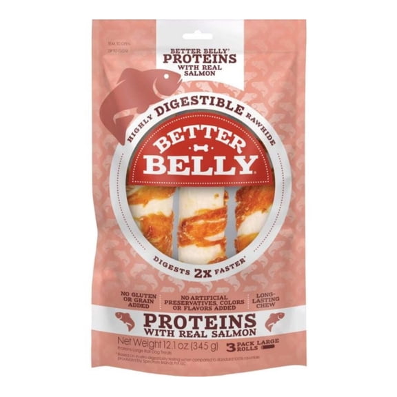 Better Belly Proteins with Real Salmon Large Rolls, Highly Digestible Rawhide Chews, 3 Count