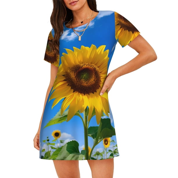 Balery Blue Sky Sunflower Camisón de manga corta con cuello redondo para mujer, cómodo y elegante.