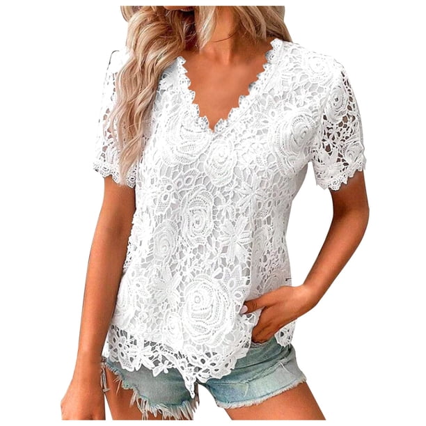 Camiseta jacquard de cuello en V y color liso para mujer - Top elegante y casual de manga corta para primavera/verano
